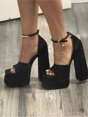 Versace Black Suede Platform Ankle-Strap Block Heels